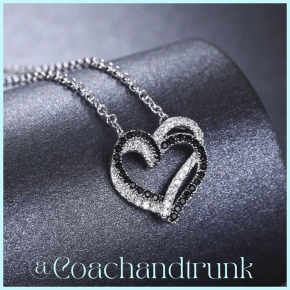 Sterling Silver Black Spinel And White CZ Stylish Double Heart Pendant Necklace - Picture 2 of 5